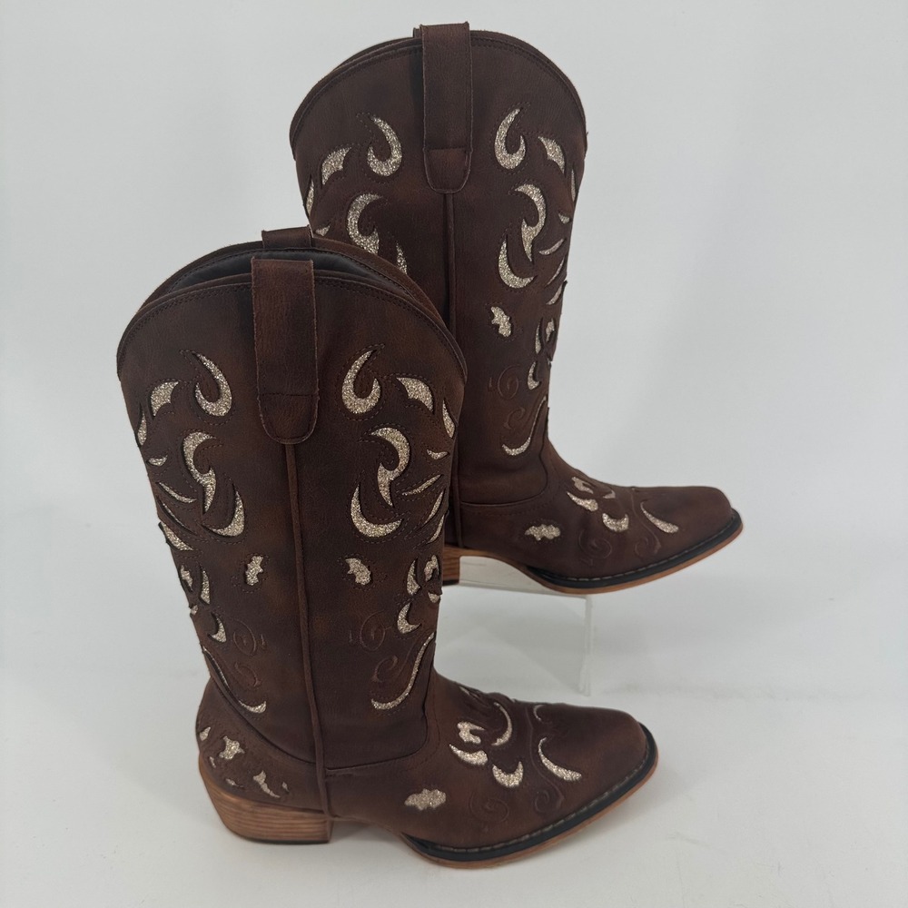 Natural Reflections Brown Glitter Embroidered Western Cowboy Boots Womens 6.5